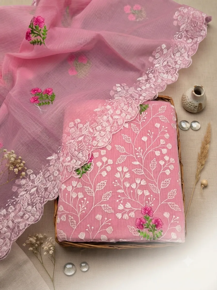 Beautiful Kota Doria Dress Material with Cutwork Dupatta | Unstitched Suit Set
