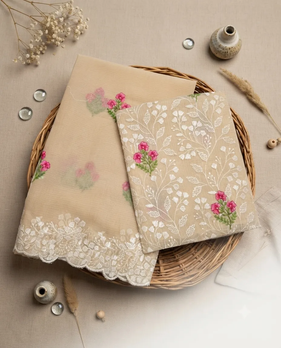 Beautiful Kota Doria Dress Material with Cutwork Dupatta | Unstitched Suit Set