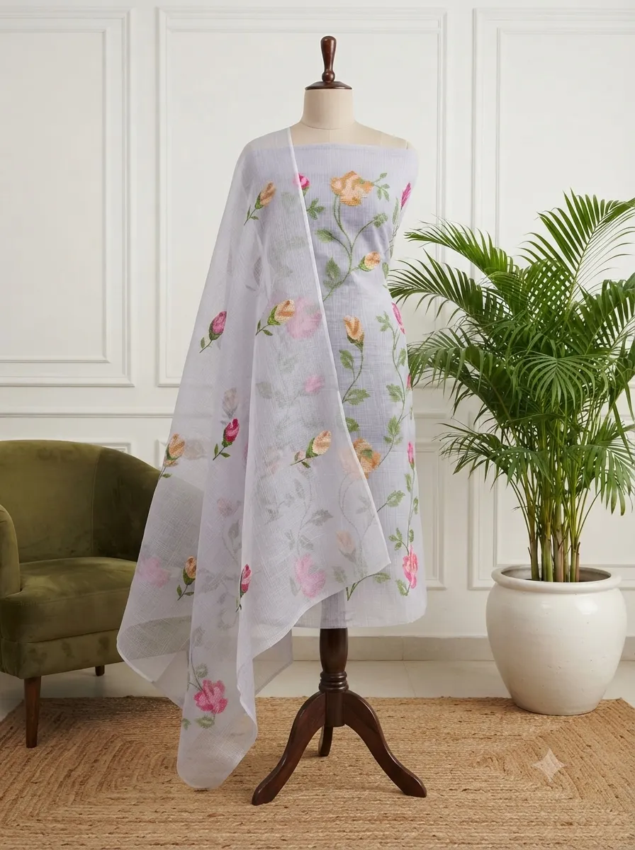 Unstitched Kota Doria Cotton Dress Material for Women | Cross-Stitch Embroidered Kurta and Dupatta