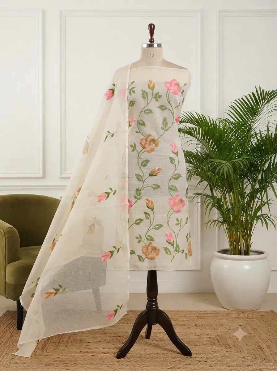 Unstitched Kota Doria Cotton Dress Material for Women | Cross-Stitch Embroidered Kurta and Dupatta