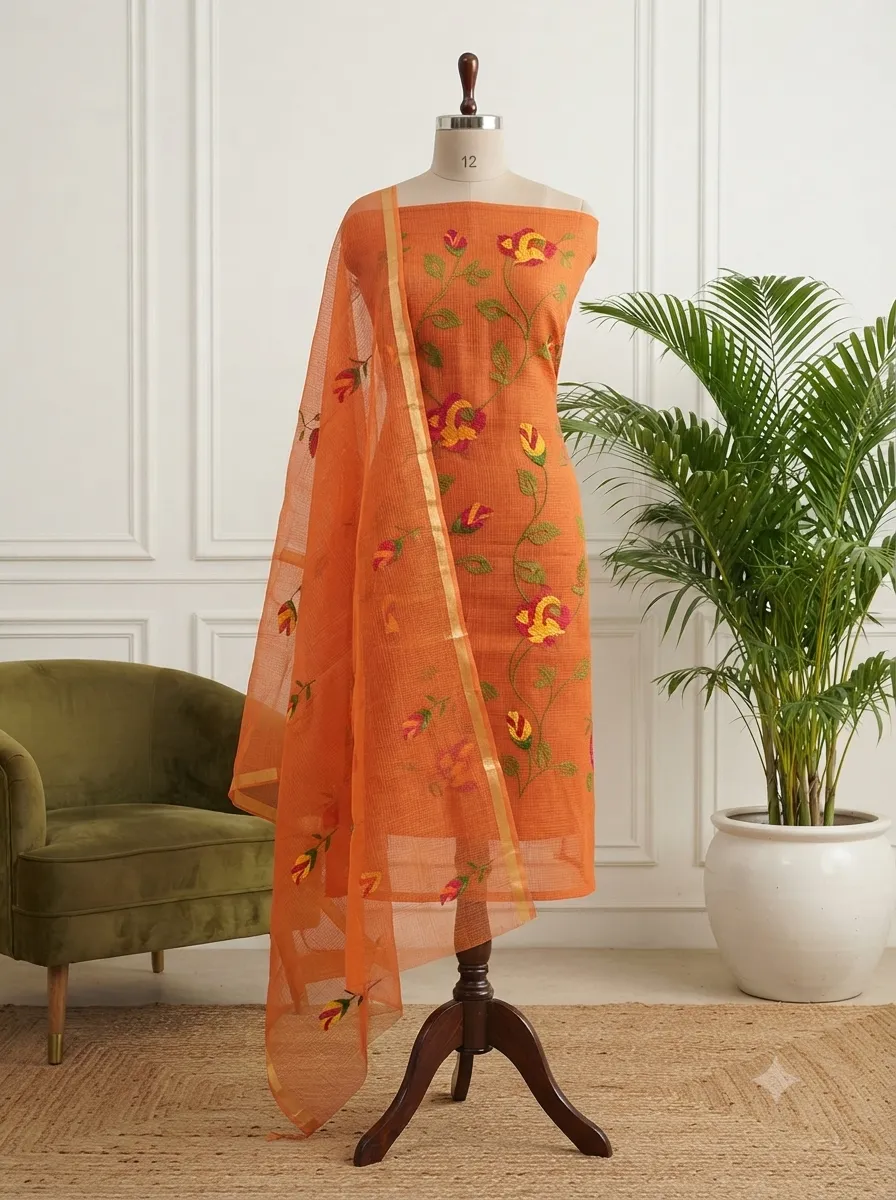 Unstitched Kota Doria Cotton Dress Material for Women | Cross-Stitch Embroidered Kurta and Dupatta