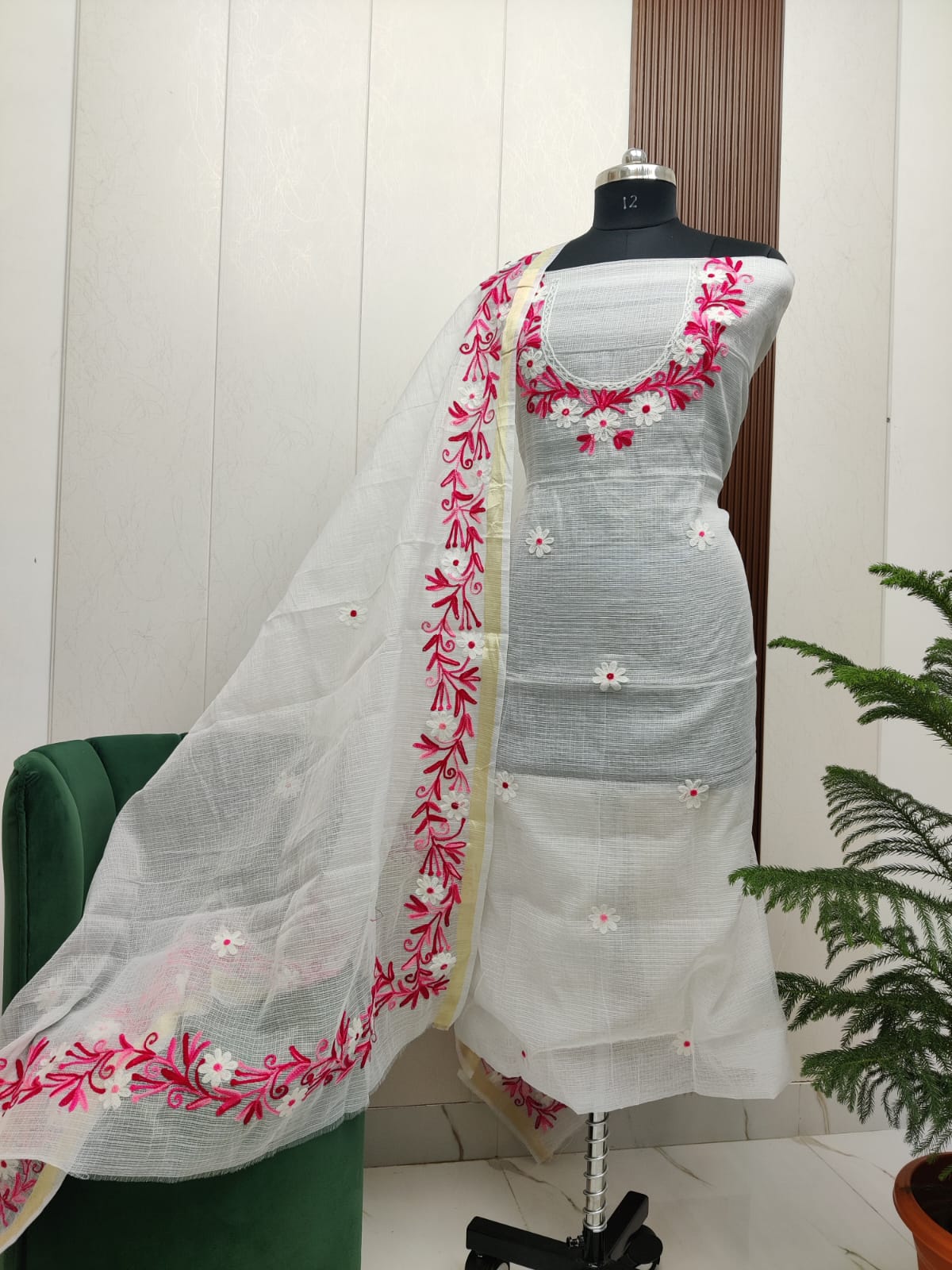 Beautiful Kota Doria Aari Embroidery Unstitch Dress Material