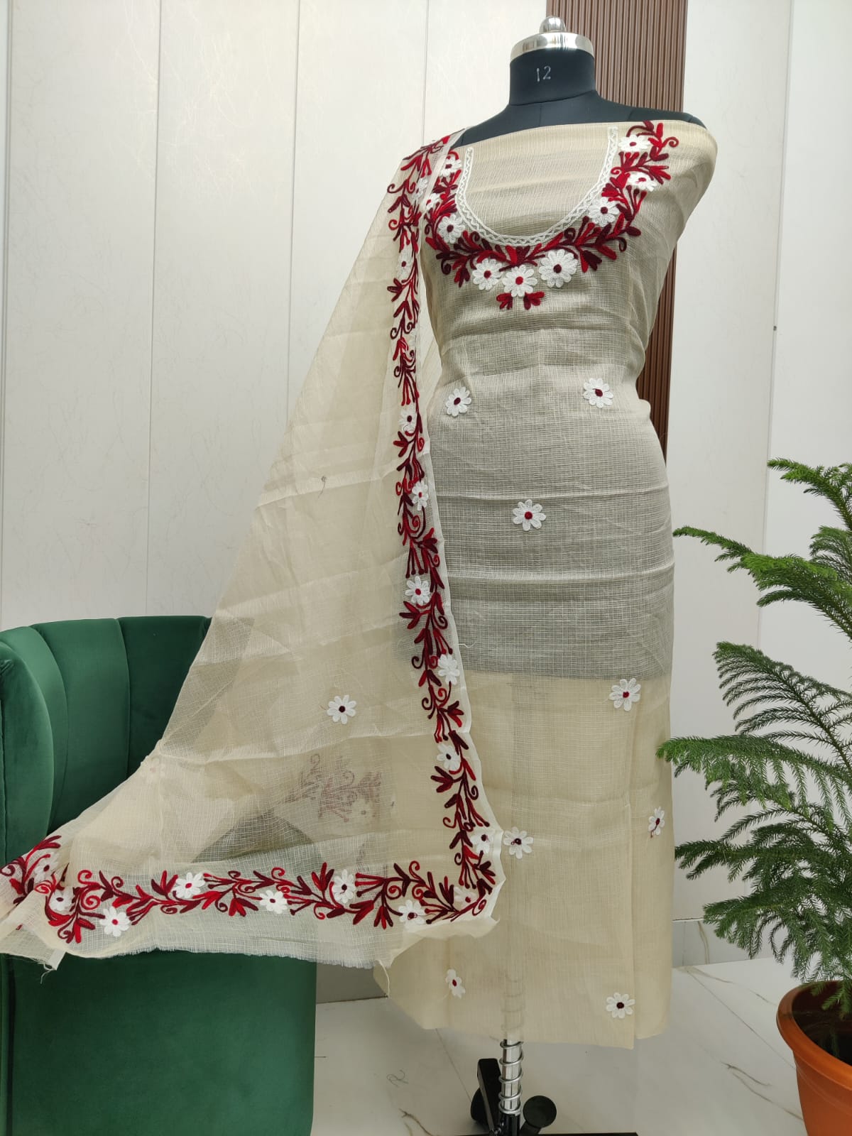 Beautiful Kota Doria Aari Embroidery Unstitch Dress Material