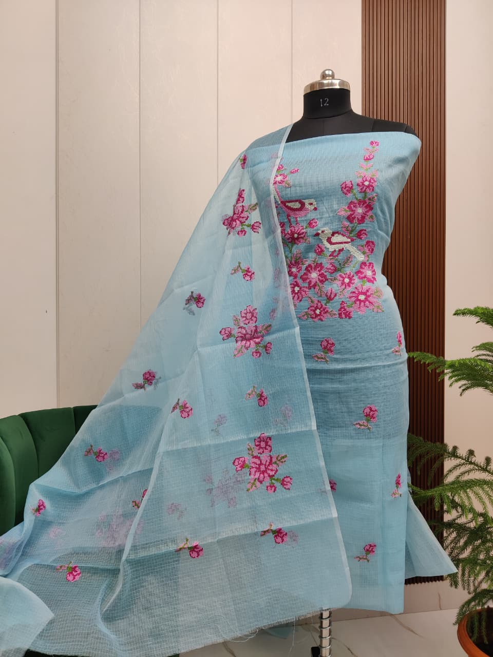 Beautiful Kota Doria Cross-Stich Embroidery Unstitch Dress Material