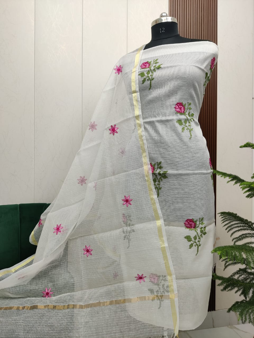 Beautiful Kota Doria Cross-Stich Embroidery Unstitch Dress Material