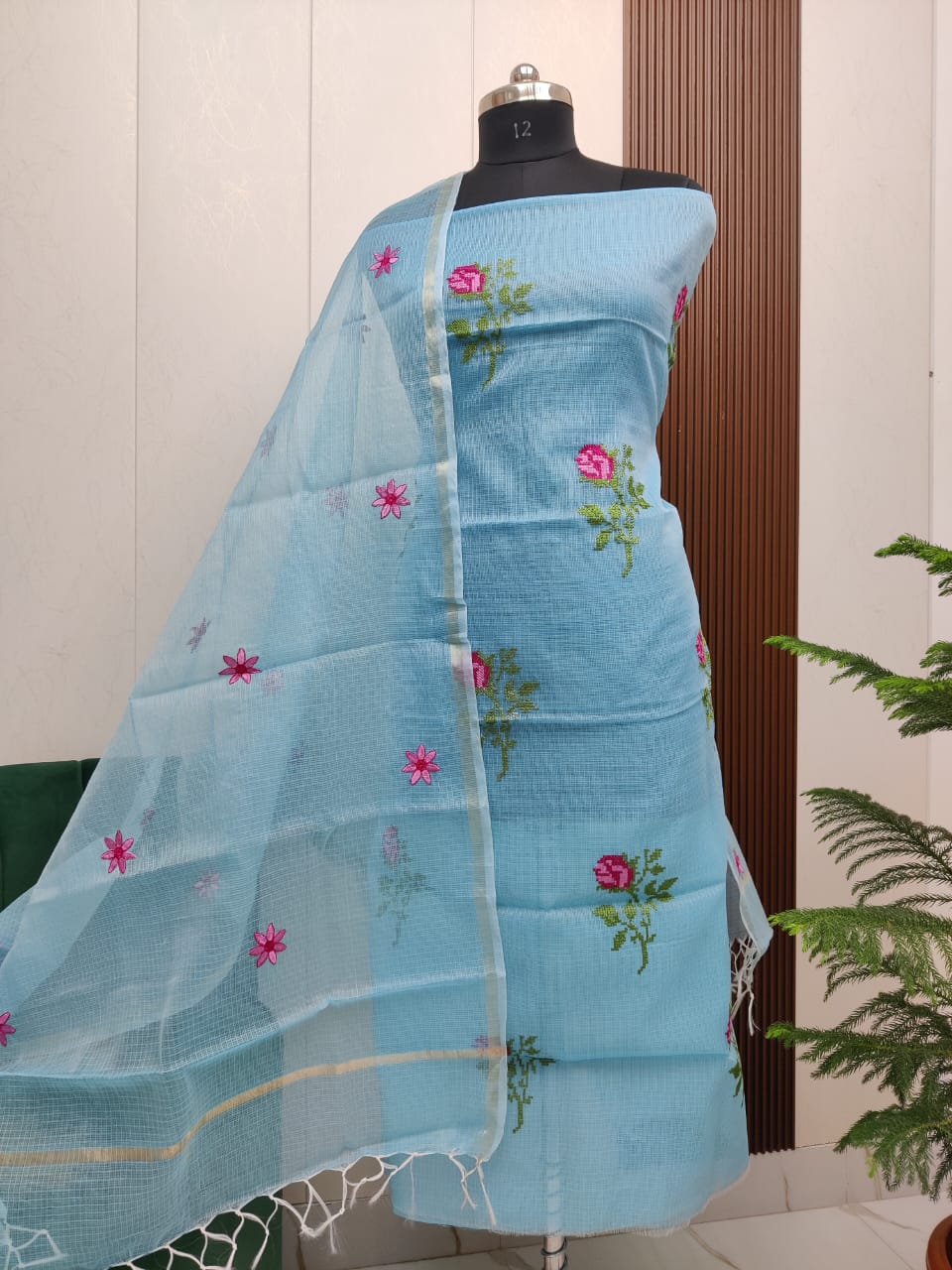Beautiful Kota Doria Cross-Stich Embroidery Unstitch Dress Material