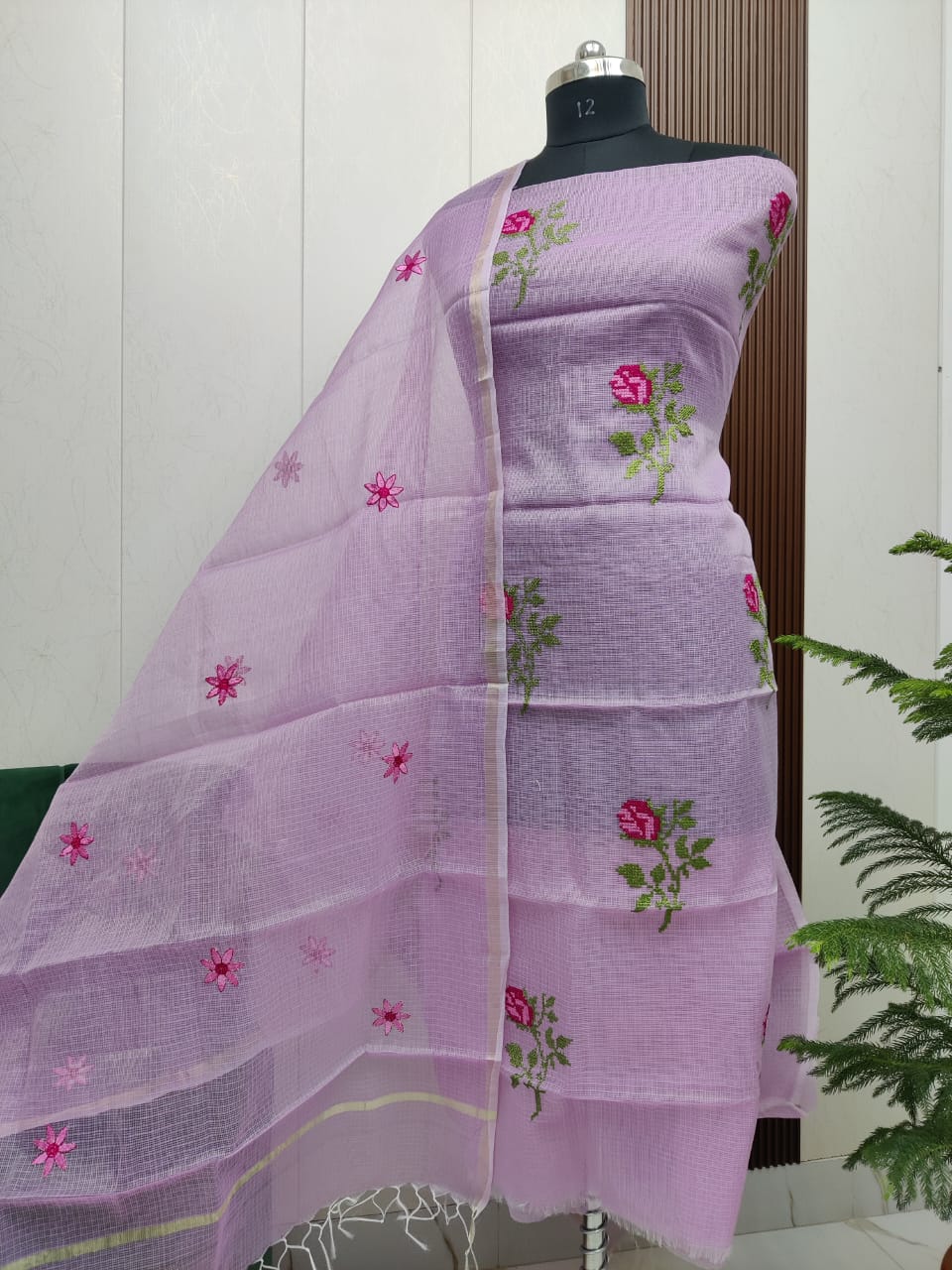 Beautiful Kota Doria Cross-Stich Embroidery Unstitch Dress Material