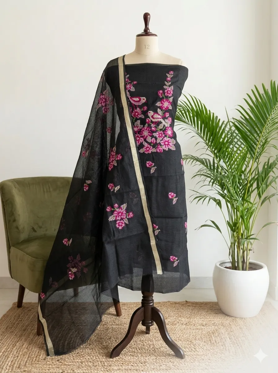 Bird & Floral Embroidered Kota Doria Unstitched Suit Set | Top + Dupatta + Bottom