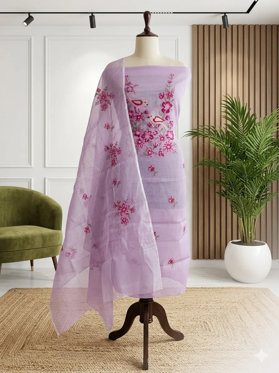 Bird & Floral Embroidered Kota Doria Unstitched Suit Set | Top + Dupatta + Bottom
