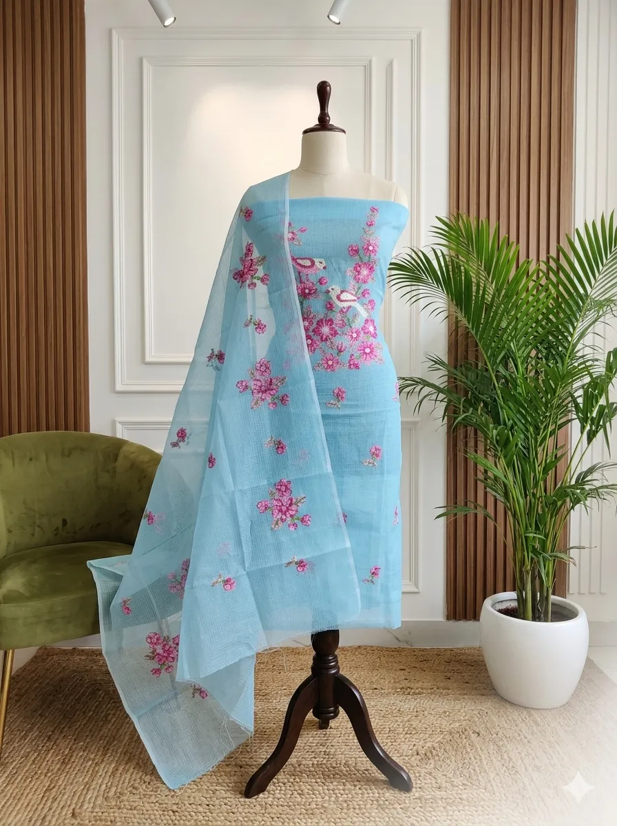 Bird & Floral Embroidered Kota Doria Unstitched Suit Set | Top + Dupatta + Bottom