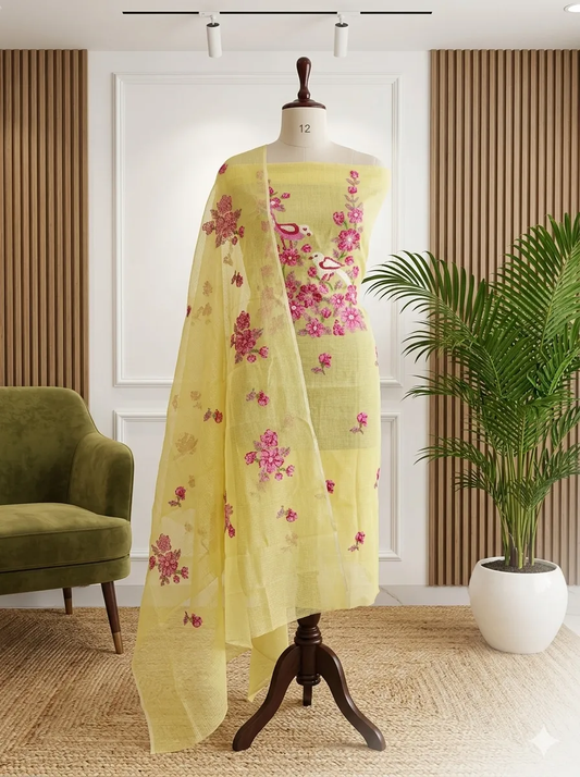 Bird & Floral Embroidered Kota Doria Unstitched Suit Set | Top + Dupatta + Bottom