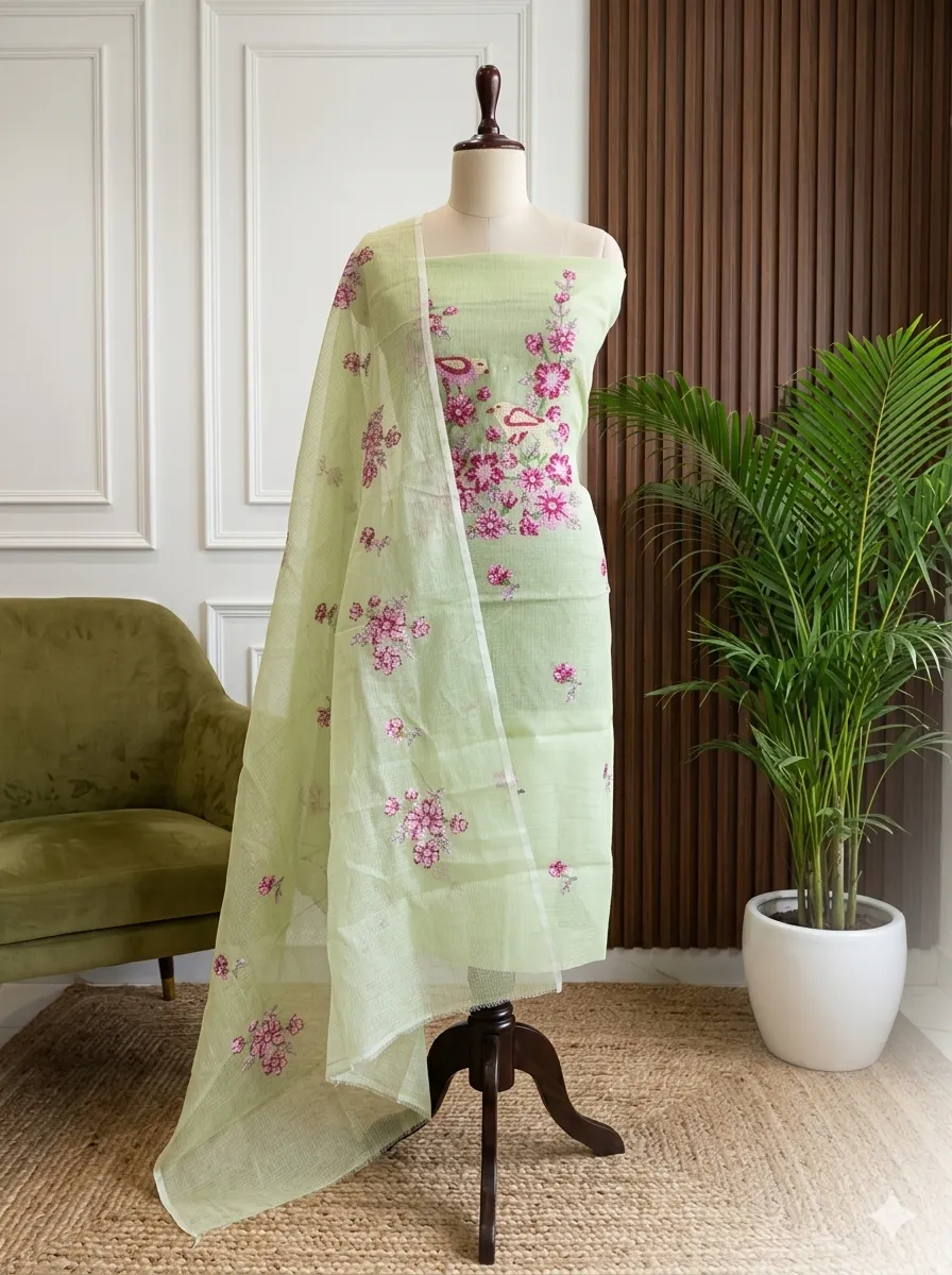 Bird & Floral Embroidered Kota Doria Unstitched Suit Set | Top + Dupatta + Bottom