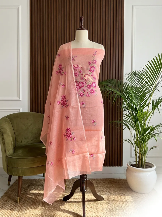 Bird & Floral Embroidered Kota Doria Unstitched Suit Set | Top + Dupatta + Bottom
