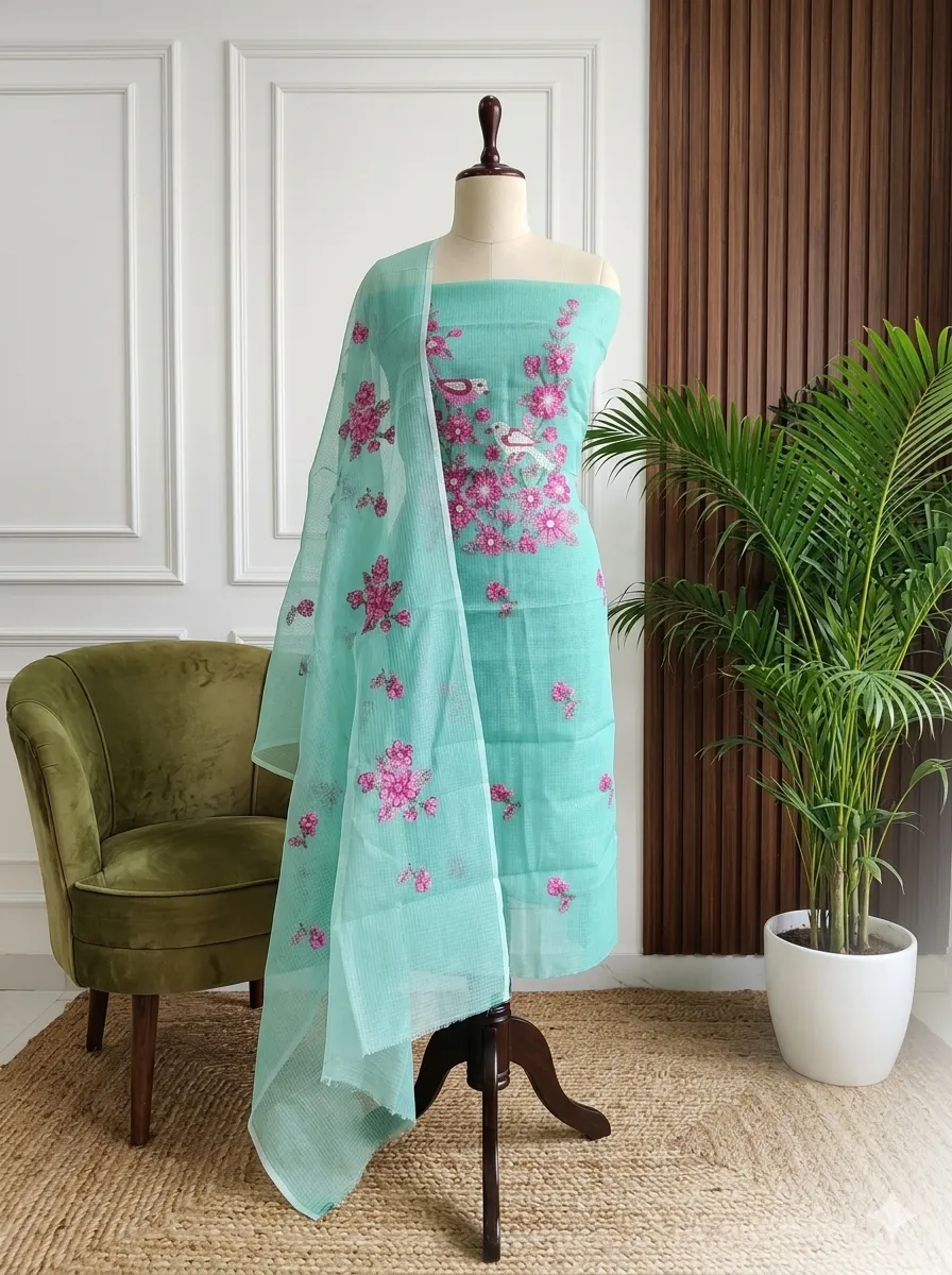 Bird & Floral Embroidered Kota Doria Unstitched Suit Set | Top + Dupatta + Bottom