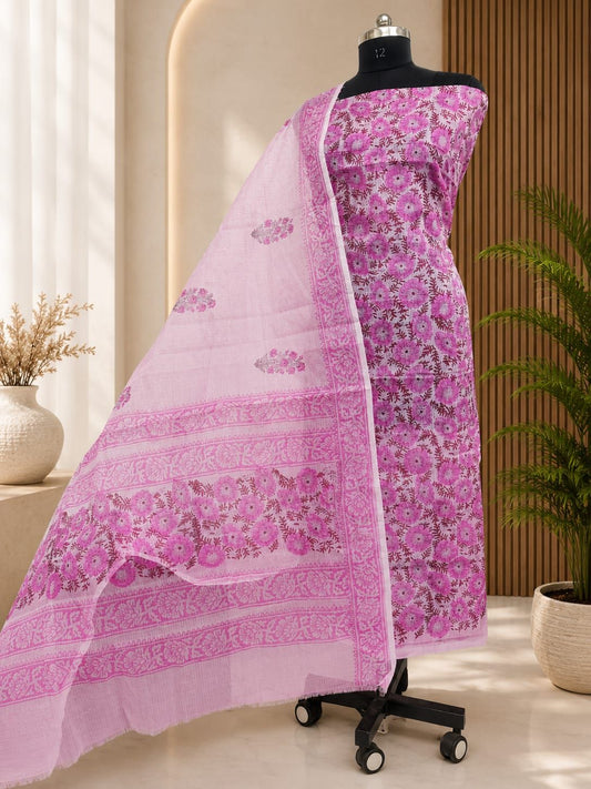 Beautiful Kota Doria Hand Block Printed Dress Material