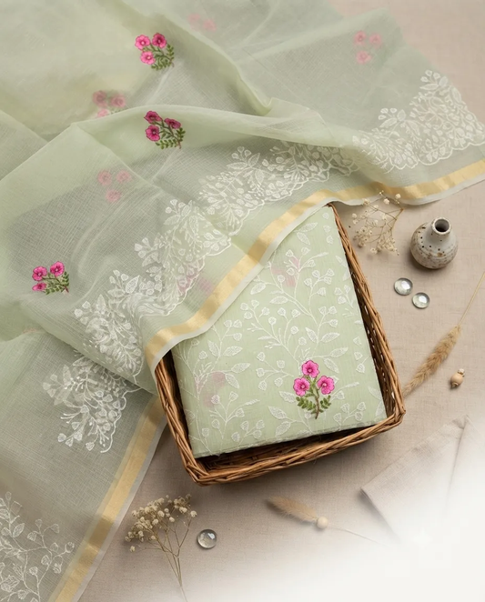 Beautiful Kota Doria Dress Material with Cutwork Dupatta | Unstitched Suit Set