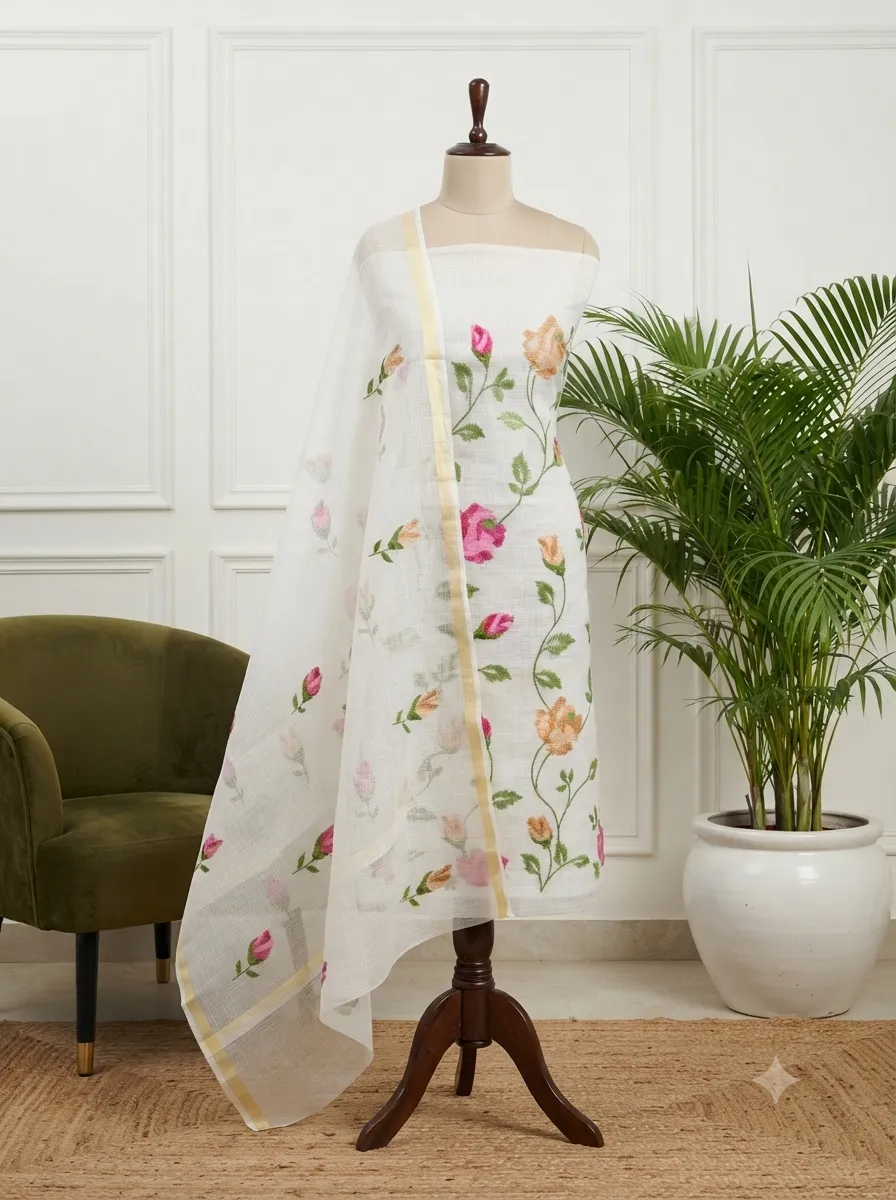 Unstitched Kota Doria Cotton Dress Material for Women | Cross-Stitch Embroidered Kurta and Dupatta