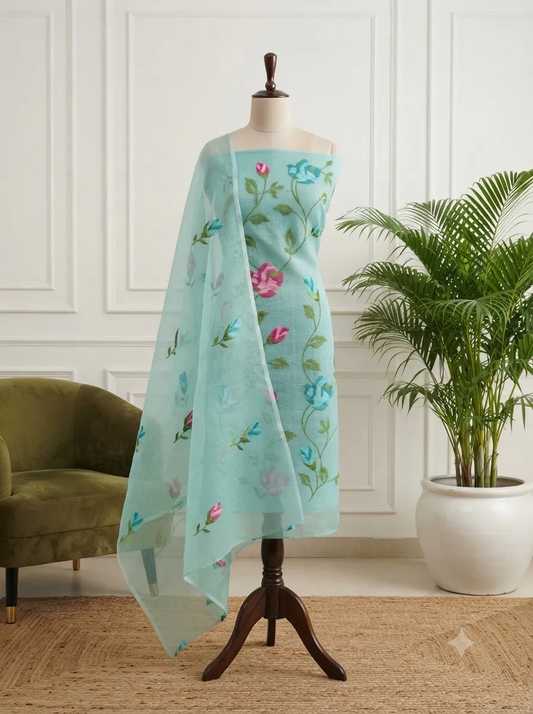 Unstitched Kota Doria Cotton Dress Material for Women | Cross-Stitch Embroidered Kurta and Dupatta