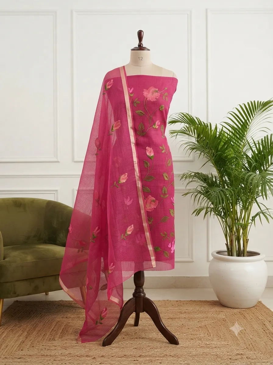 Unstitched Kota Doria Cotton Dress Material for Women | Cross-Stitch Embroidered Kurta and Dupatta