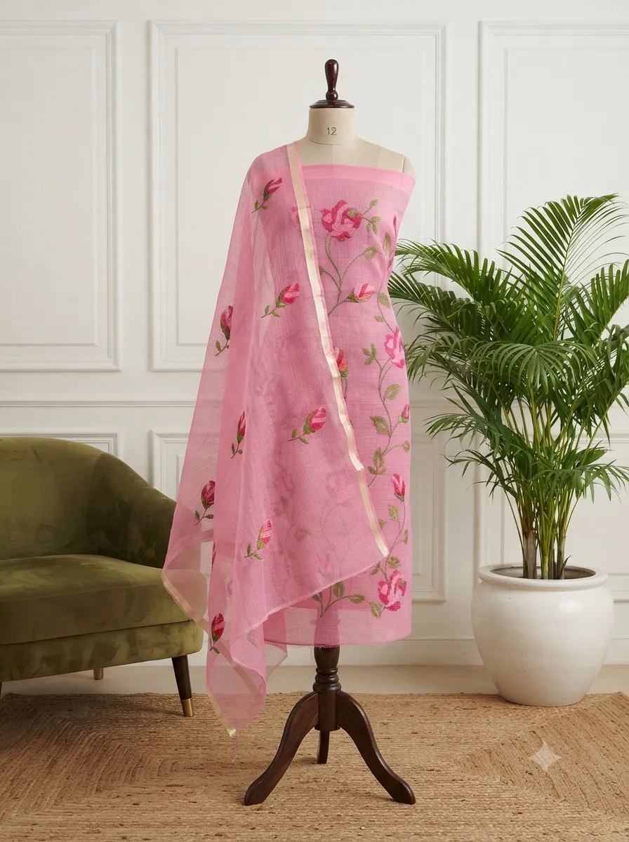 Unstitched Kota Doria Cotton Dress Material for Women | Cross-Stitch Embroidered Kurta and Dupatta