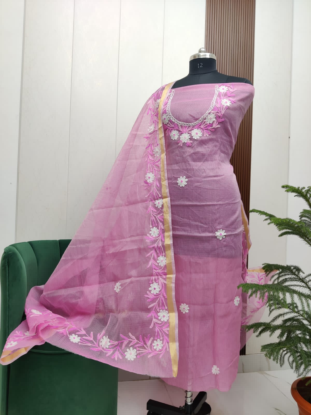 Beautiful Kota Doria Aari Embroidery Unstitch Dress Material