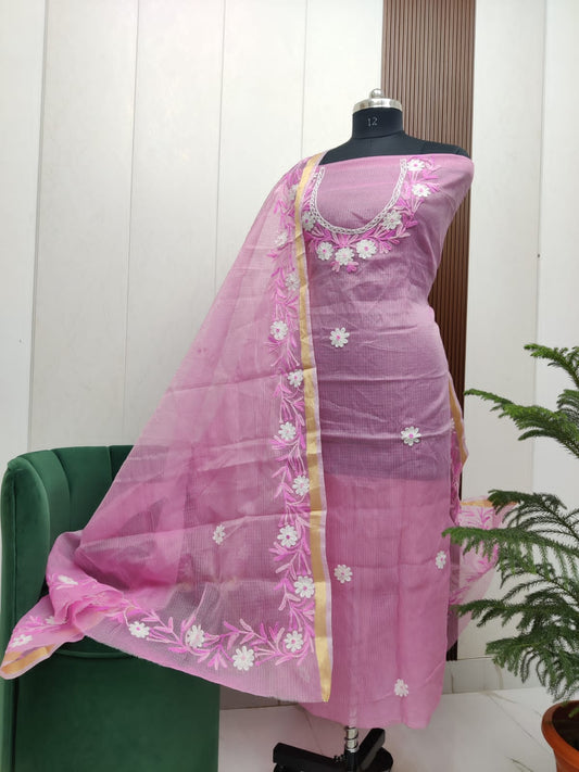 Beautiful Kota Doria Aari Embroidery Unstitch Dress Material