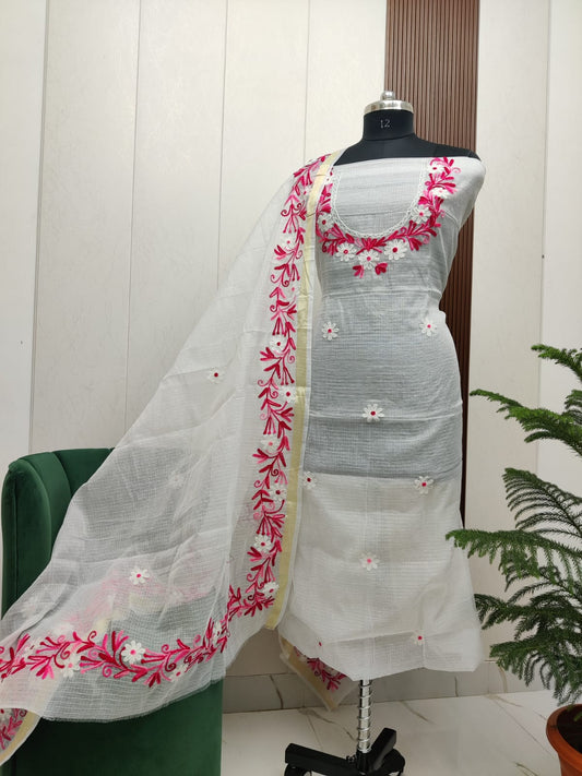 Beautiful Kota Doria Aari Embroidery Unstitch Dress Material