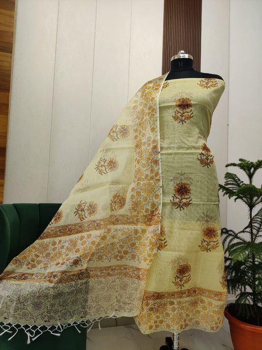 Beautiful Kota Doria Hand  Block Print Unstitch Dress Material