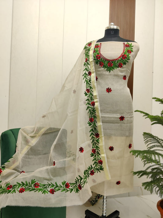 Beautiful Kota Doria Aari Embroidery Unstitch Dress Material