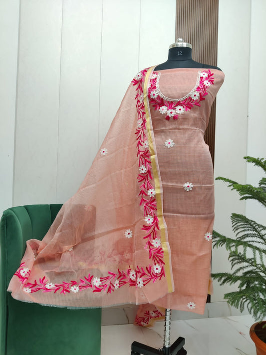 Beautiful Kota Doria Aari Embroidery Unstitch Dress Material