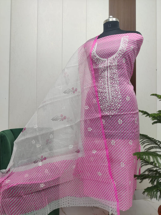 Beautiful Kota Doria Embroidery With Lehariya Unstitch Dress Material