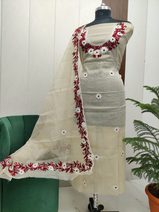 Beautiful Kota Doria Aari Embroidery Unstitch Dress Material