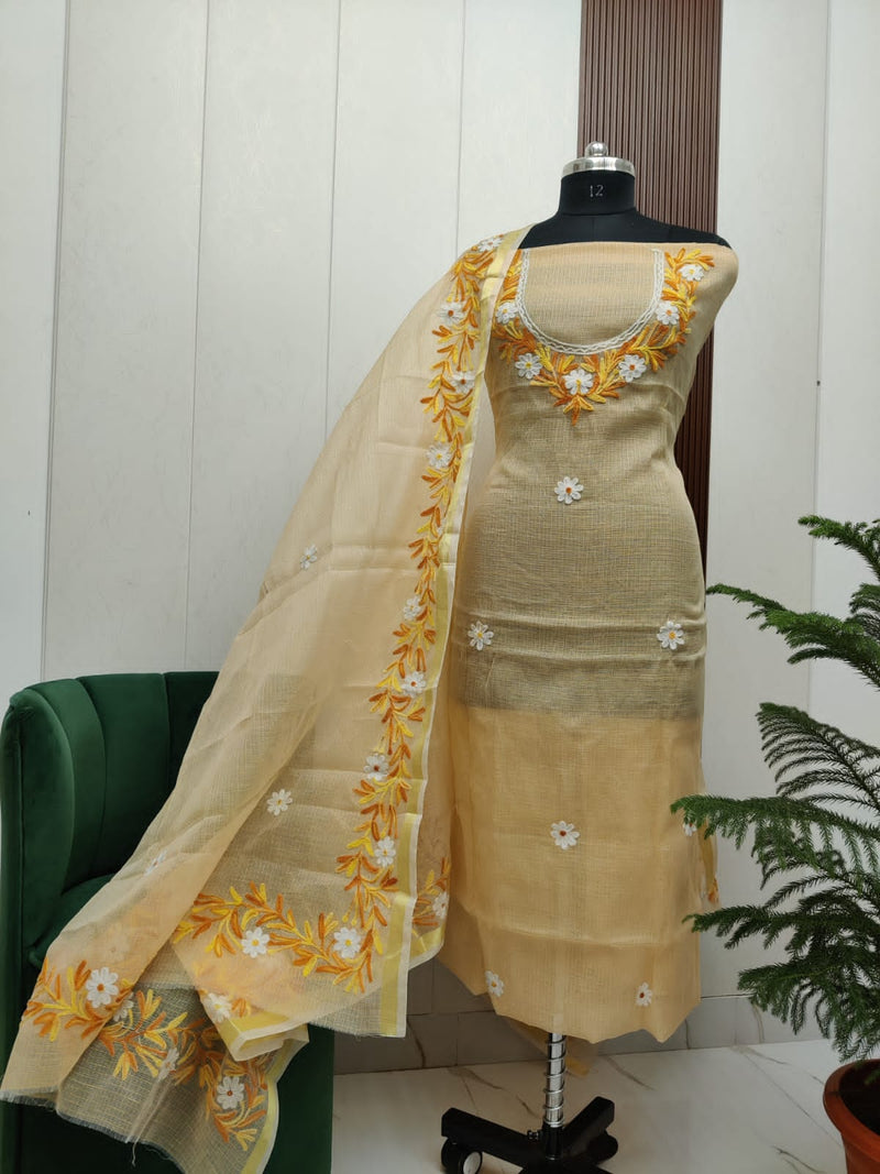 Beautiful Kota Doria Aari Embroidery Unstitch Dress Material