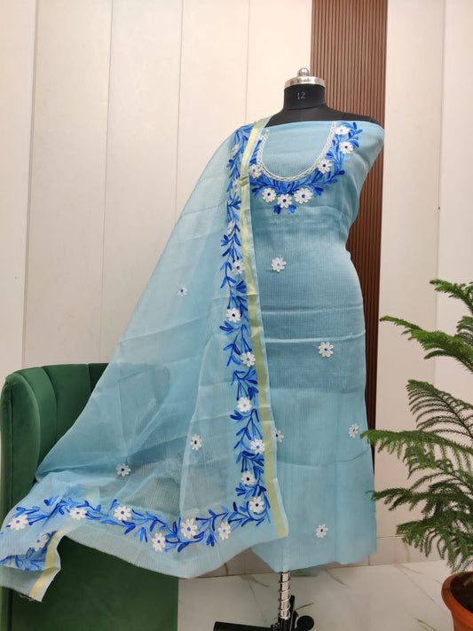 Beautiful Kota Doria Aari Embroidery Unstitch Dress Material