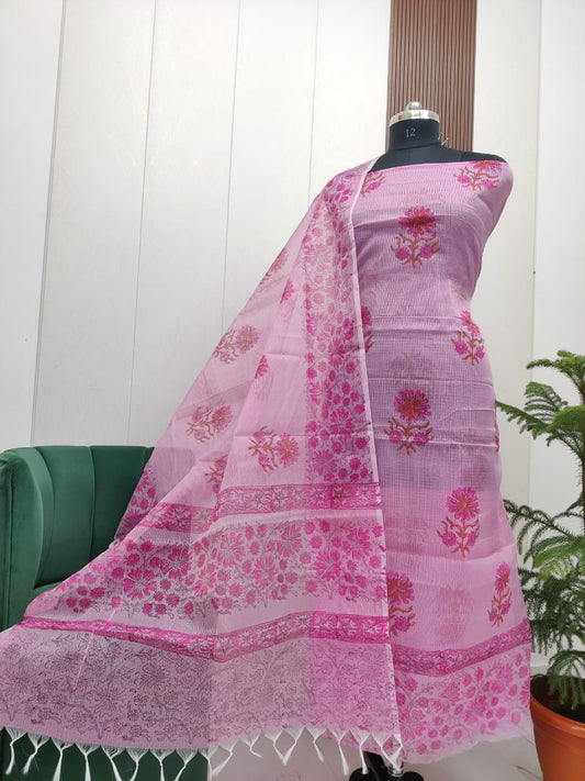 Beautiful Kota Doria Hand  Block Print Unstitch Dress Material