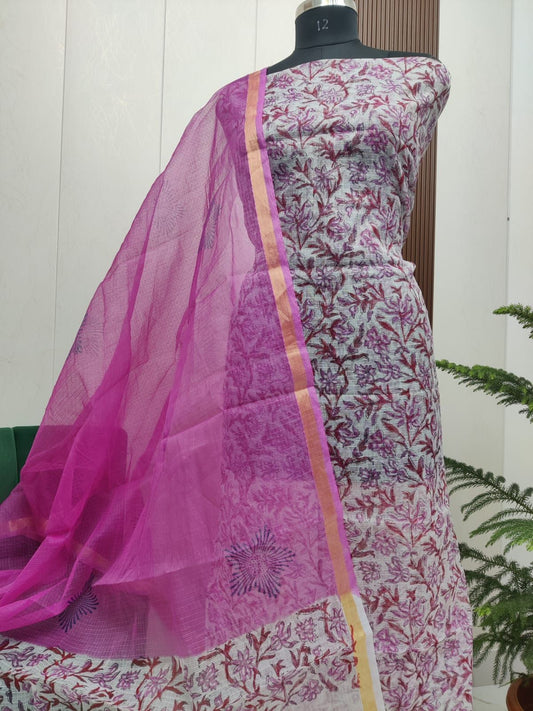Beautiful Kota Doria Hand  Block Print Unstitch Dress Material