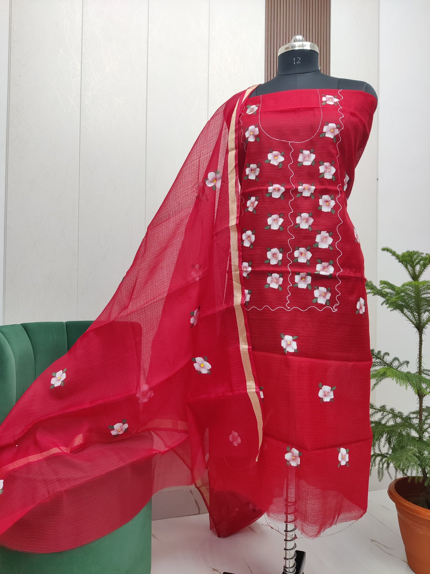 Beautiful Kota Doria Hand Brush Paint Unstitch Dress Material