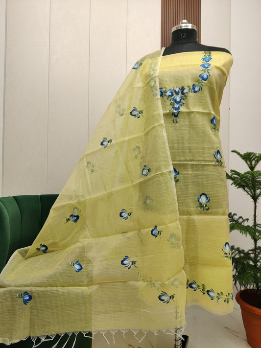 Beautiful Kota Doria Hand Brush Paint Unstitch Dress Material