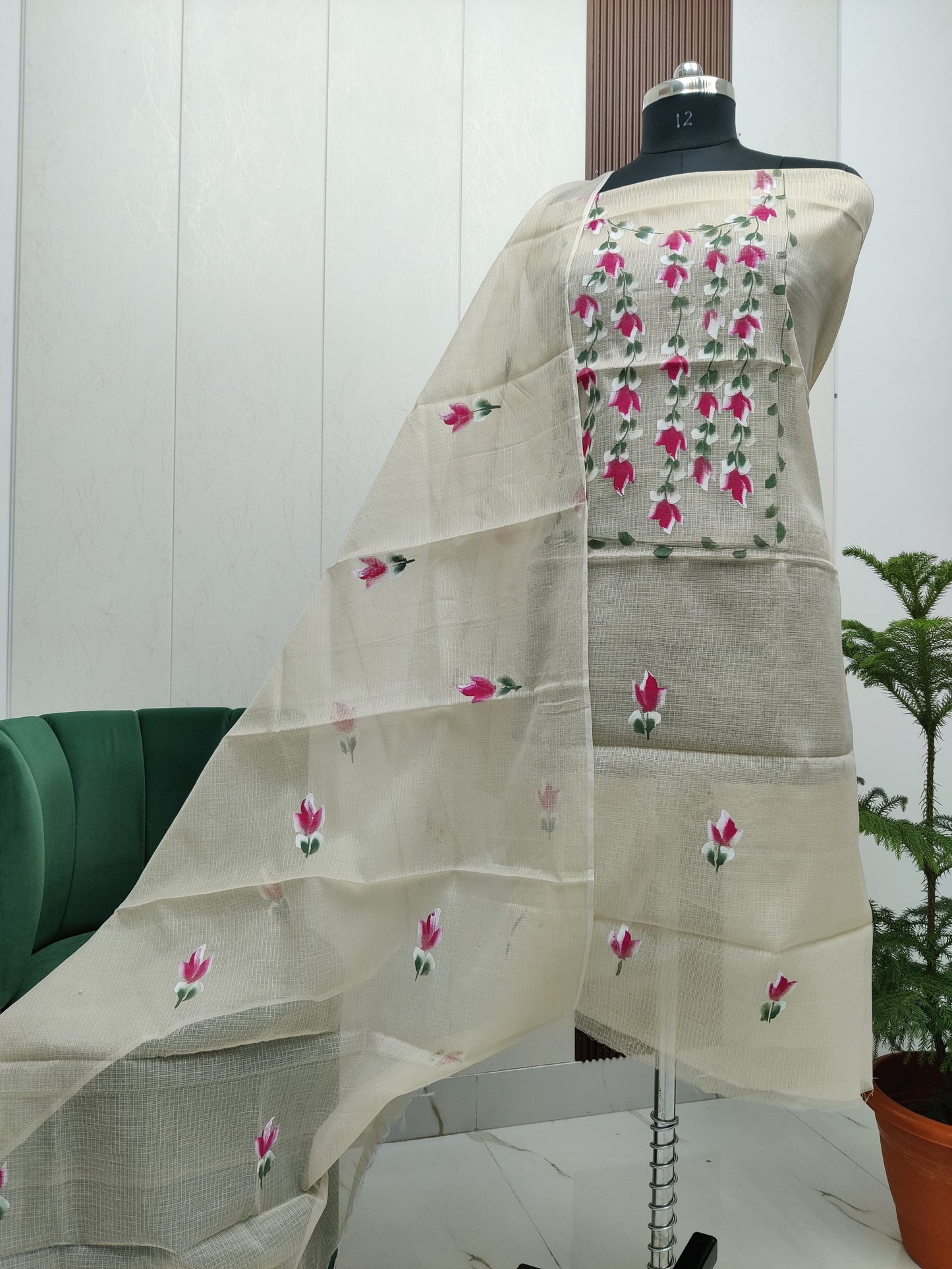 Beautiful Kota Doria Hand Brush Paint Unstitch Dress Material