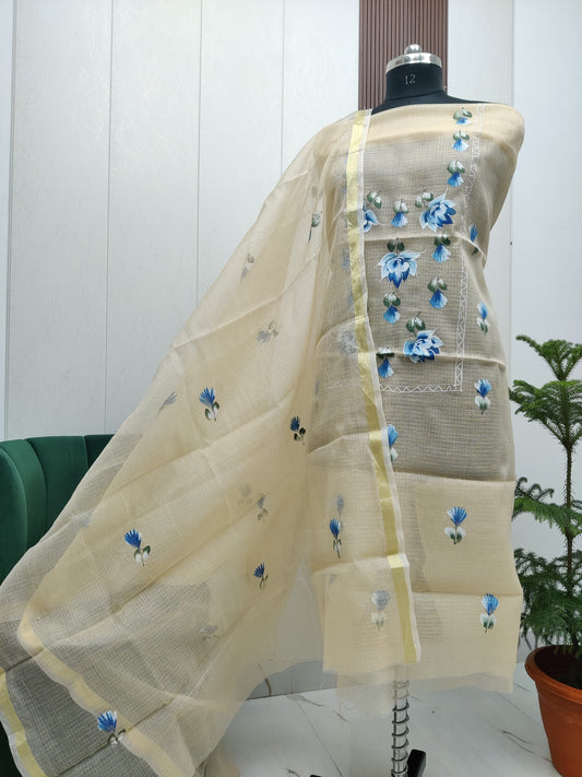 Beautiful Kota Doria Hand Brush Paint Unstitch Dress Material