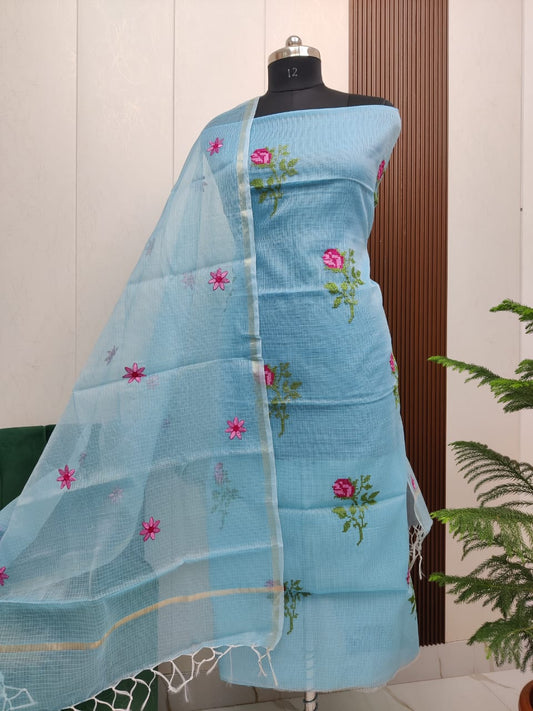 Beautiful Kota Doria Cross-Stich Embroidery Unstitch Dress Material