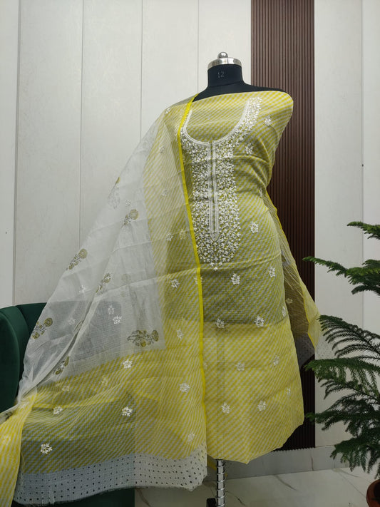 Beautiful Kota Doria Embroidery With Lehariya Unstitch Dress Material