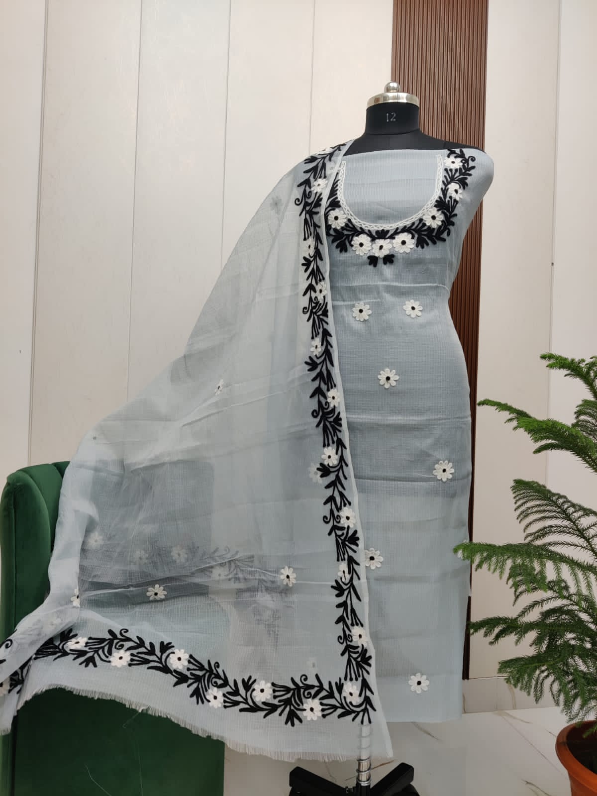 Beautiful Kota Doria Aari Embroidery Unstitch Dress Material