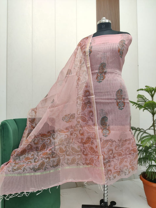 Beautiful Kota Doria Hand  Block Print Unstitch Dress Material